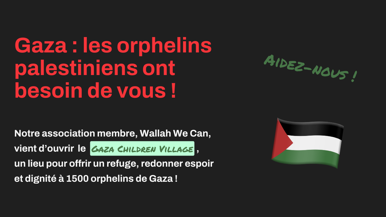Image avec fond noir. En haut à gauche, texte rouge et blanc « Gaza : les orphelins palestiniens ont besoin de vous ! ». À droite, petit drapeau palestinien et la mention verte « Aidez-nous ! ». En bas à gauche, texte blanc présentant l’action de l’association pour venir en aide à 1 500 orphelins de Gaza.
